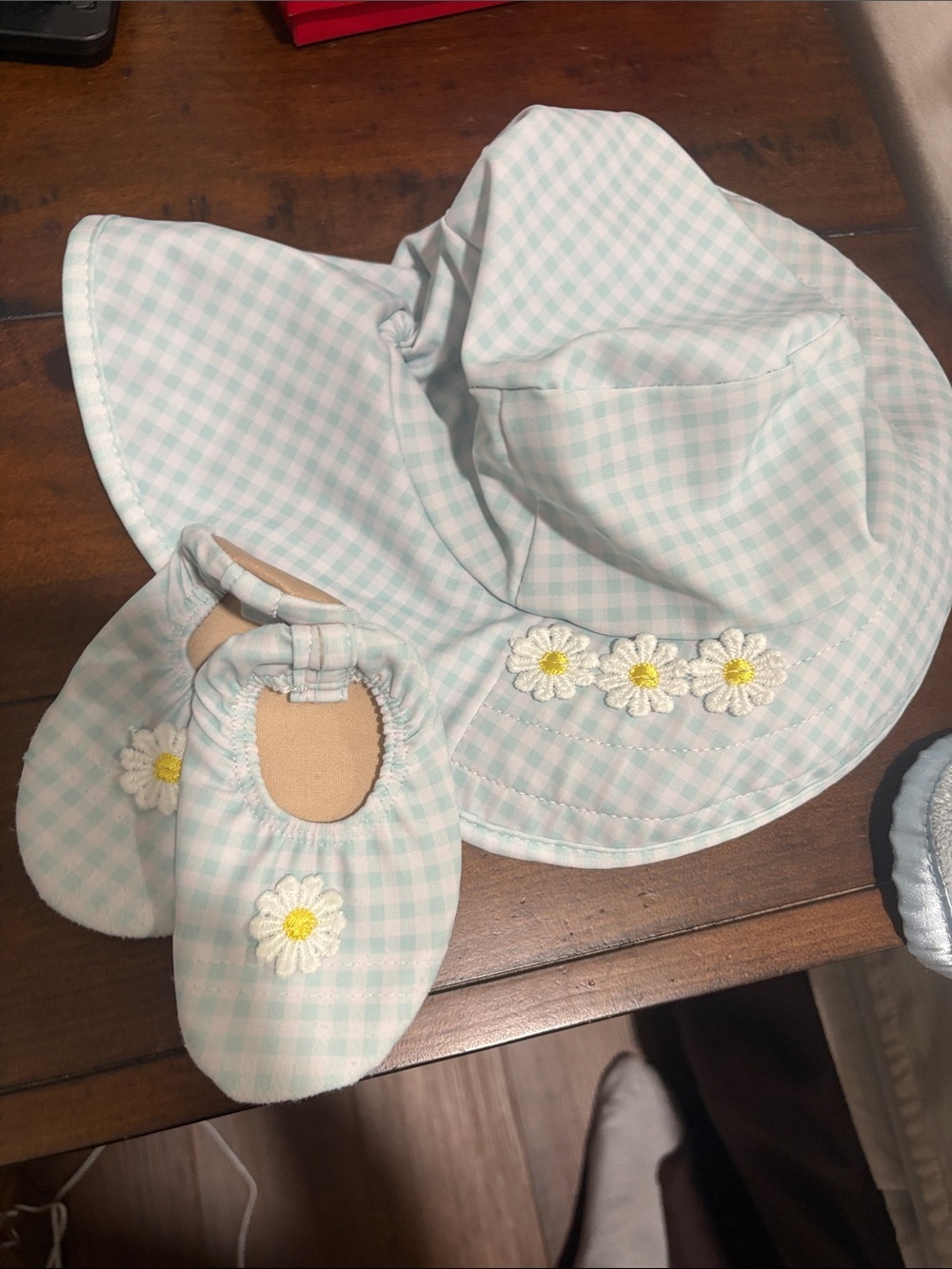 Little Me baby Aqua Gingham Sun Hat & Soft Shoe Set with Daisies